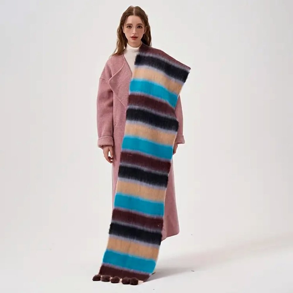 Beautiful Warm and Long Color Block Striped Chunky • Blue And Brown Scarf